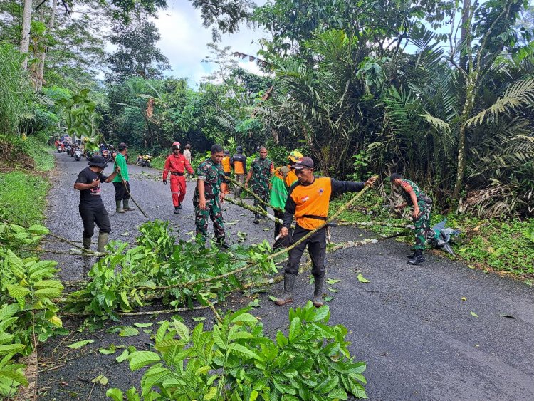 Babinsa Bersama Relawan Dan Warga Kerja Bakti Pembersihan Ranting Dan Pohon
